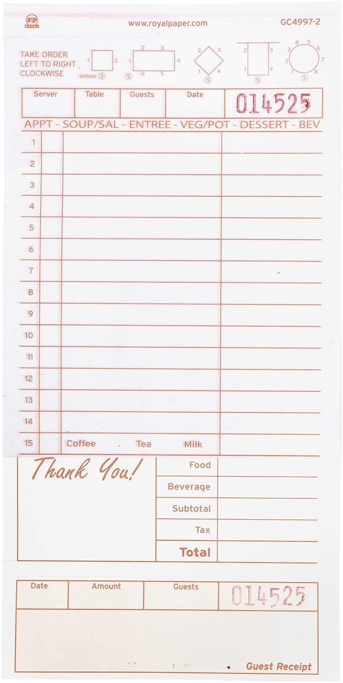 AmerCare Royal Tan Loose Guest Check Paper Receipt Book, Carbonless Order Book with 15 Lines, 2 Part Booked, Case of