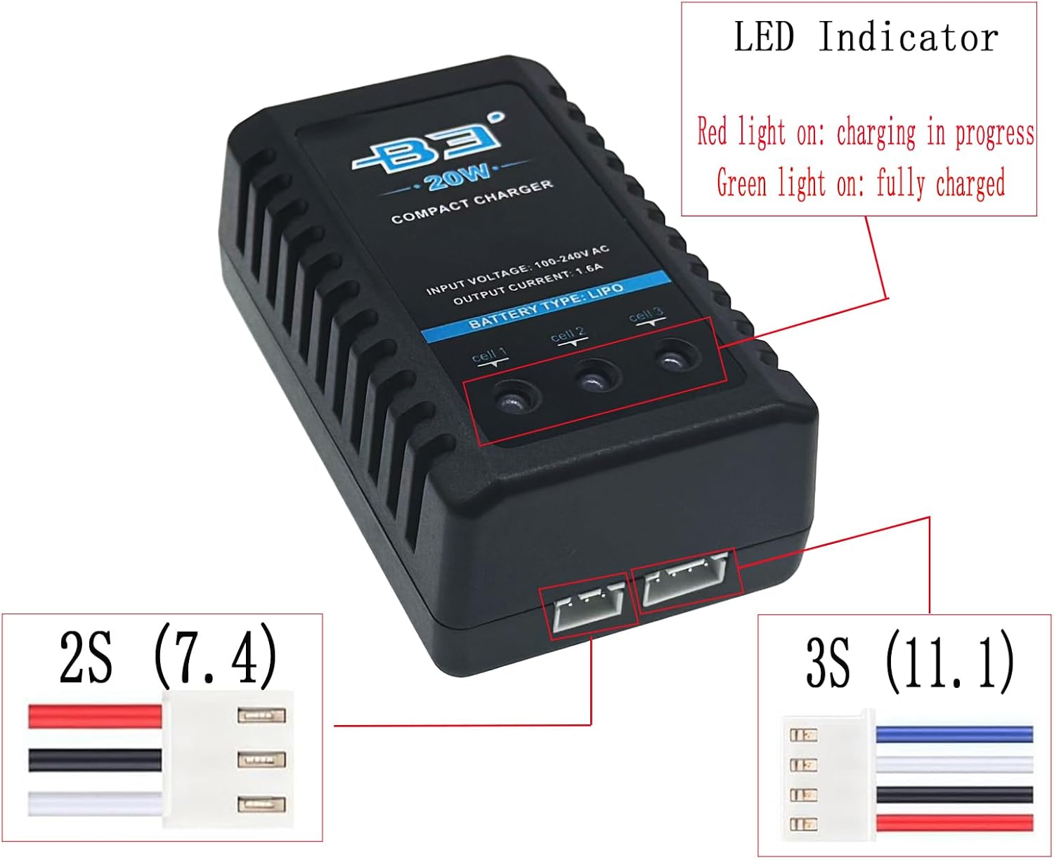 B3 Lipo Battery Charger 2S-3S RC Balance Charger with XH3P XH4P Plug for RC Car Batteries Drone Boat Airplane Truck