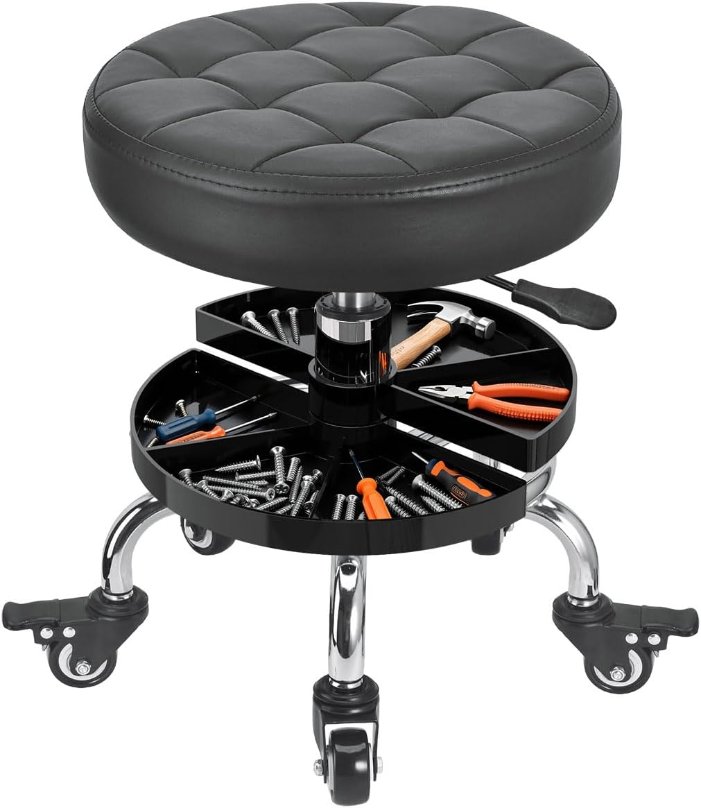 Garage Mechanic Stool with Storage Tray,Low Height Rolling Shop Stools, Rolling Mechanics Seat Chair Height