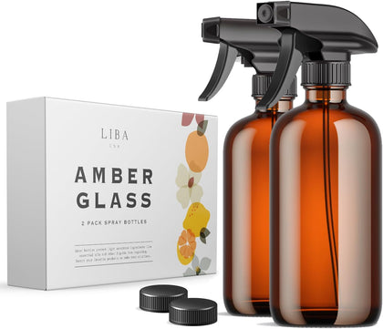 Amber Glass Spray Bottles 2 Pack, 16 oz Refillable Empty Spray Bottle for Cleaning, Essential Oils, Hair, Plants