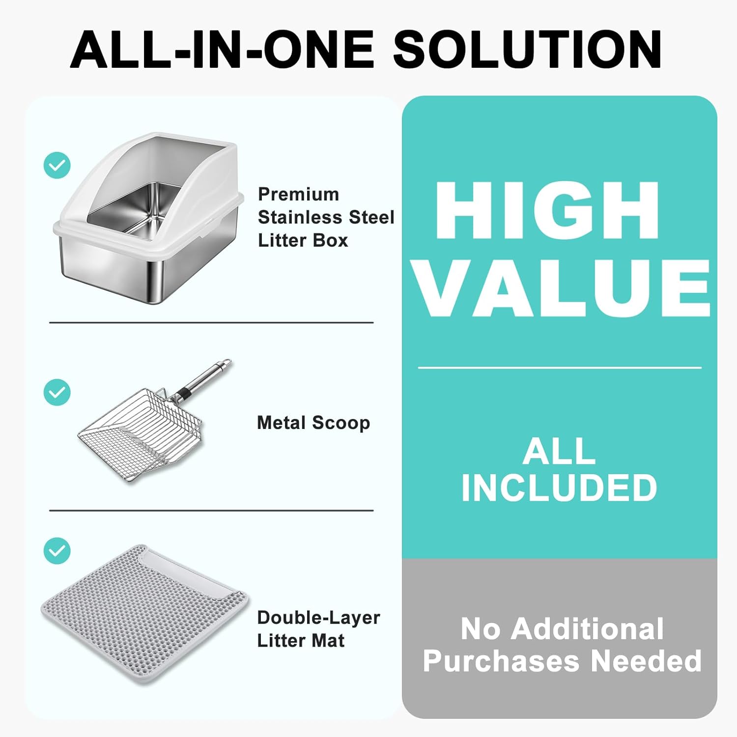 Stainless Steel Litter Box | XL Enclosed Cat Litter Boxes with Lid for Big Cats | High Sided, Anti-Urine Leakage |