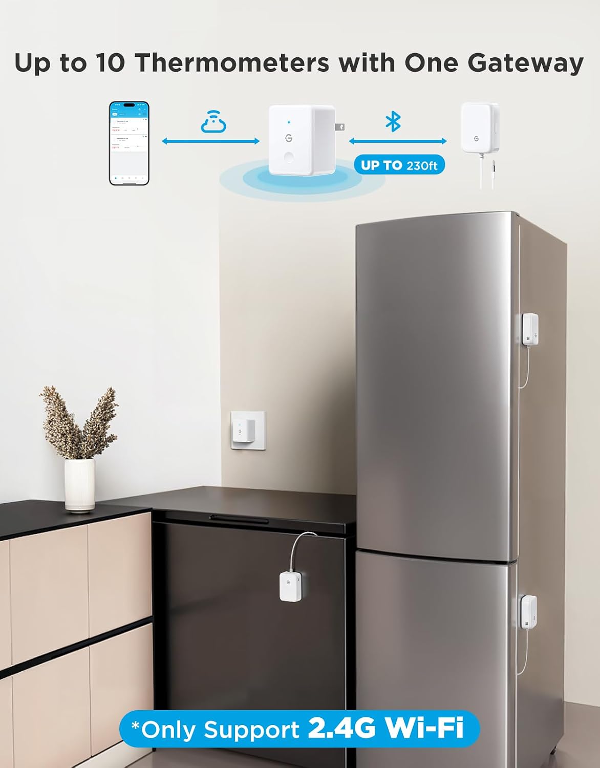 WiFi Refrigerator Thermometer Sensor with Alarm, 2-Pack & Gateway