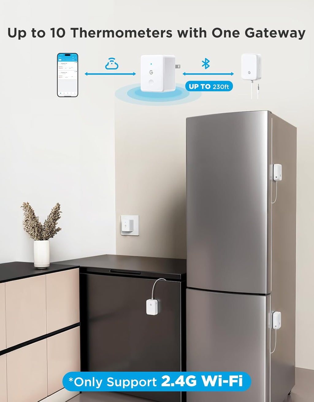 WiFi Refrigerator Thermometer Sensor with Alarm, 1-Pack & Gateway