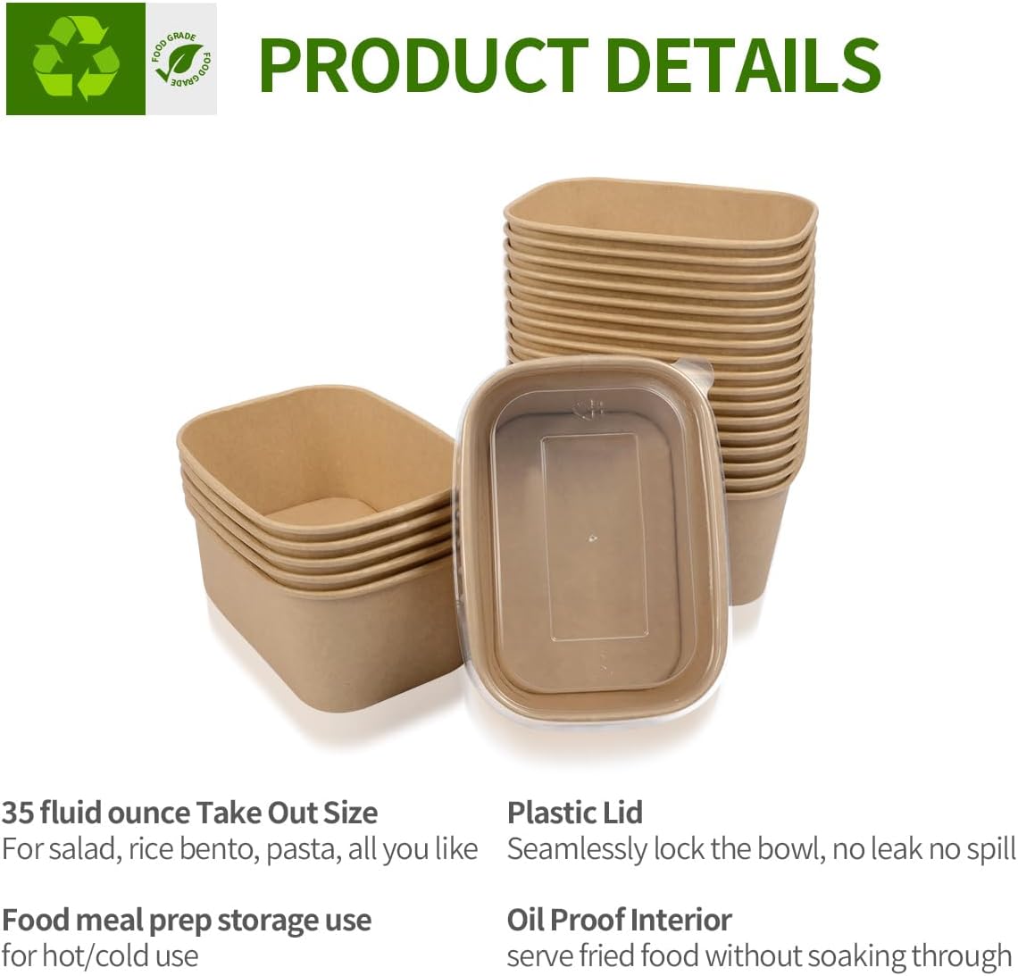 35 oz Paper Meal Prep Containers with Lids 50 Pack Hot and Cold Use