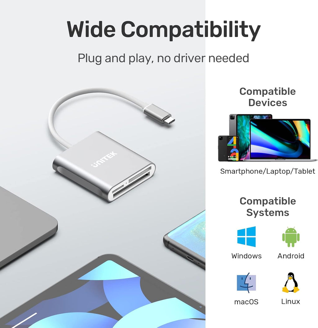 CF Card/MicroSD/SD Type-C Flash Memory Card Reader for USB C Device | High-Speed Read 3 Cards Simultaneously Aluminum