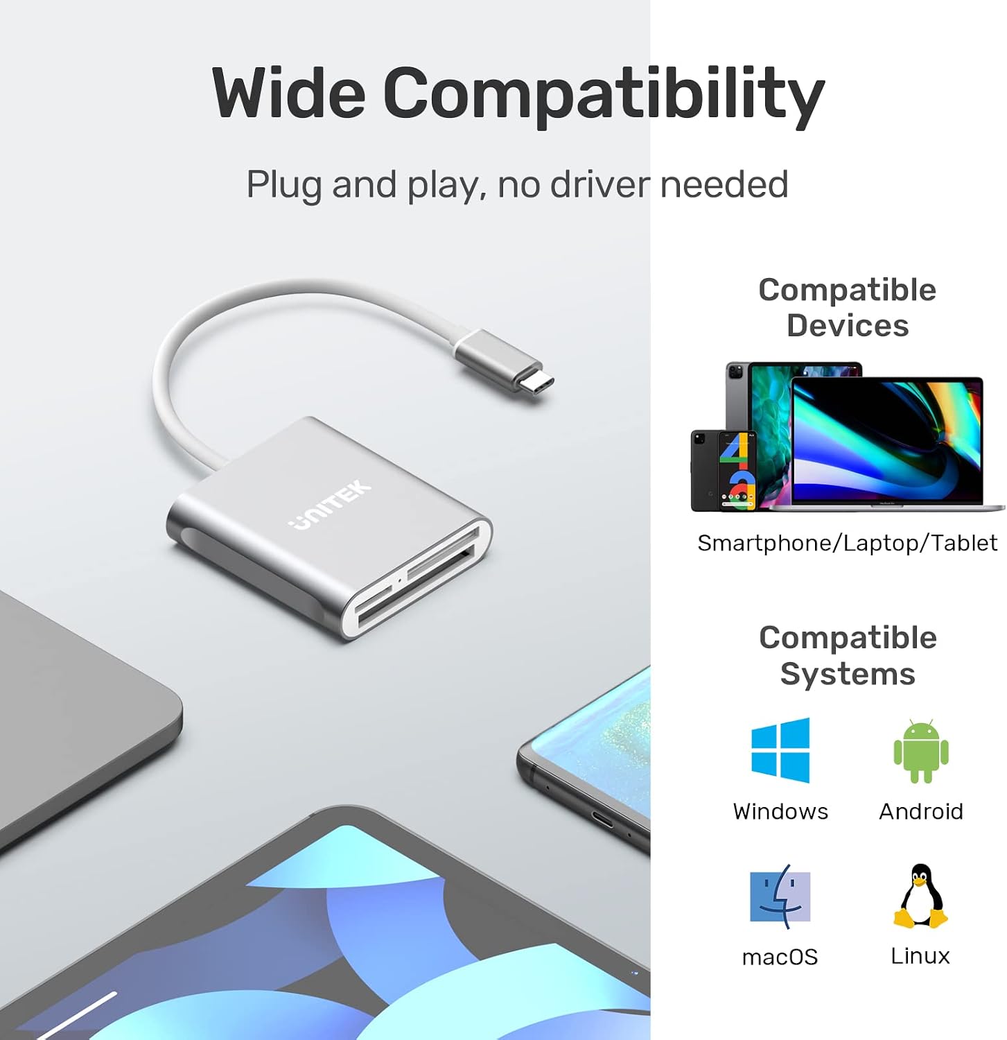 CF Card/MicroSD/SD Type-C Flash Memory Card Reader for USB C Device | High-Speed Read 3 Cards Simultaneously Aluminum