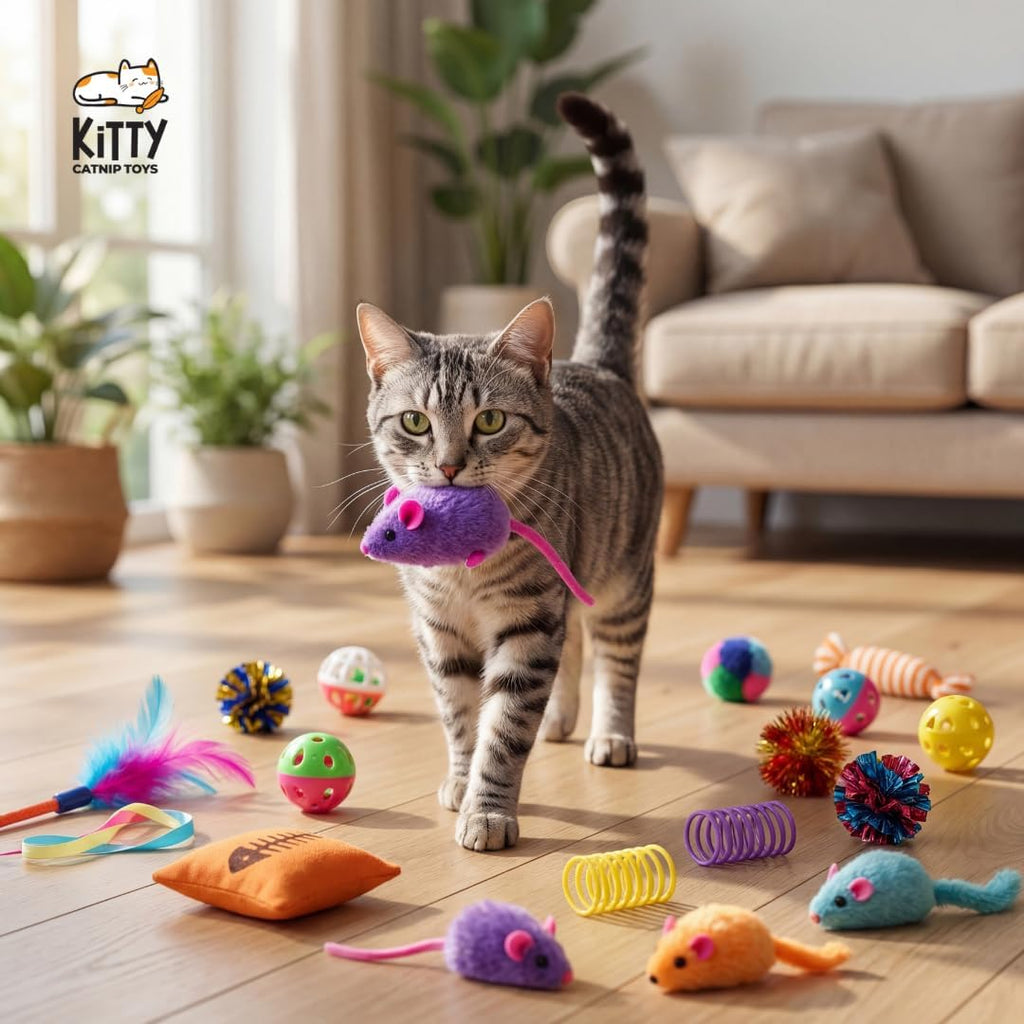 60 Interactive Cat Toys for Indoor Cats & Kittens – Crinkle Balls, Sparkle Pom Pom Balls, Spiral Springs, Cat Mice