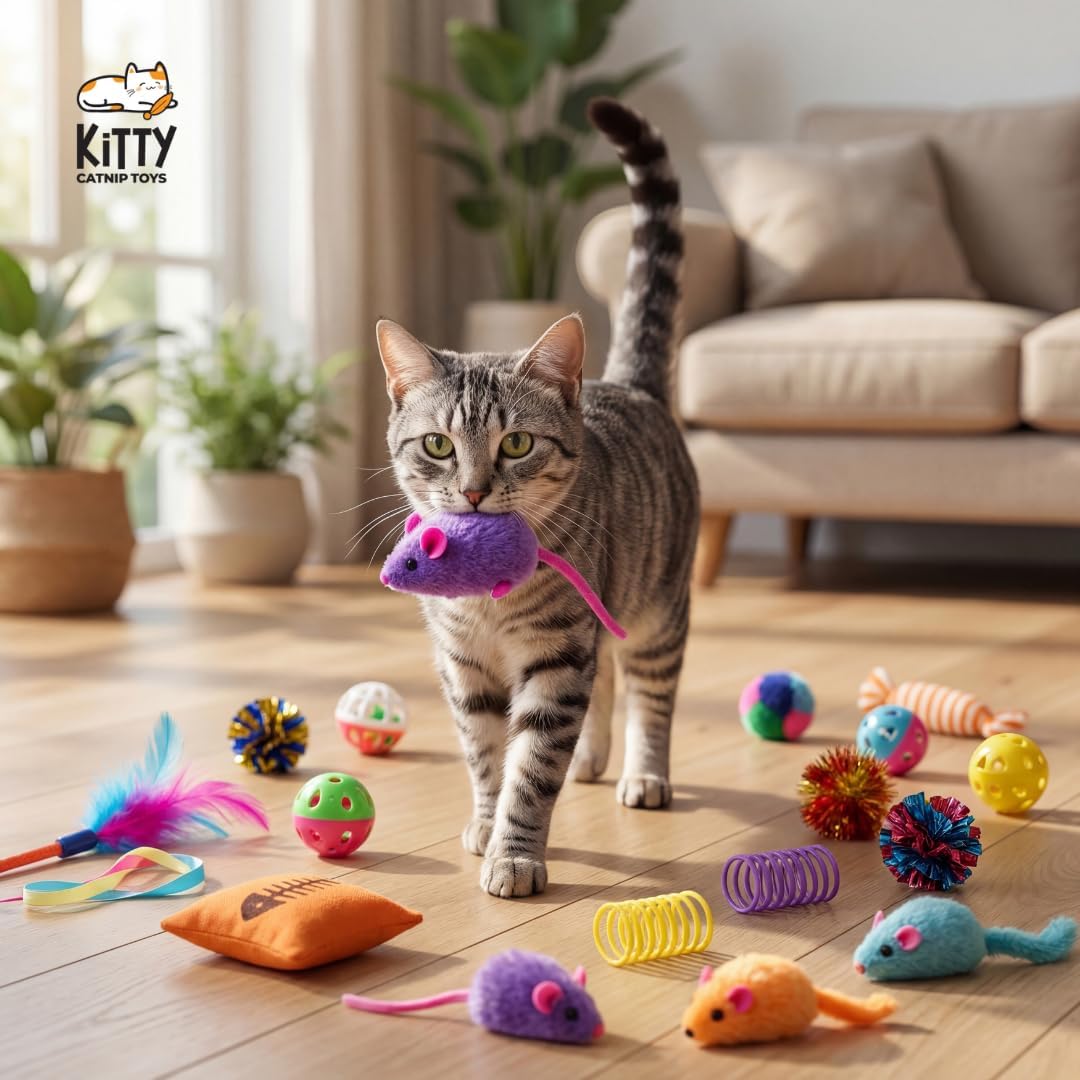 60 Interactive Cat Toys for Indoor Cats & Kittens – Crinkle Balls, Sparkle Pom Pom Balls, Spiral Springs, Cat Mice