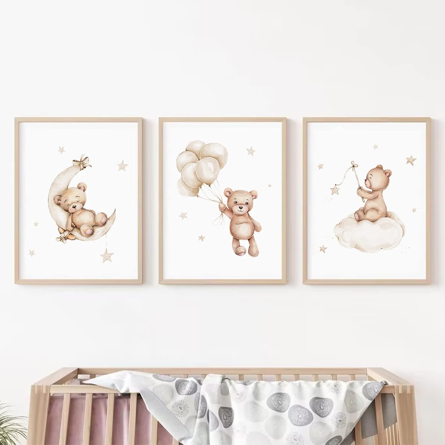 Bear Nursery Wall Art Decor Set of 3 Teddy Bear Canvas Wall Art Baby Boy Nursery Decor Prints Neutral Pictures Moon