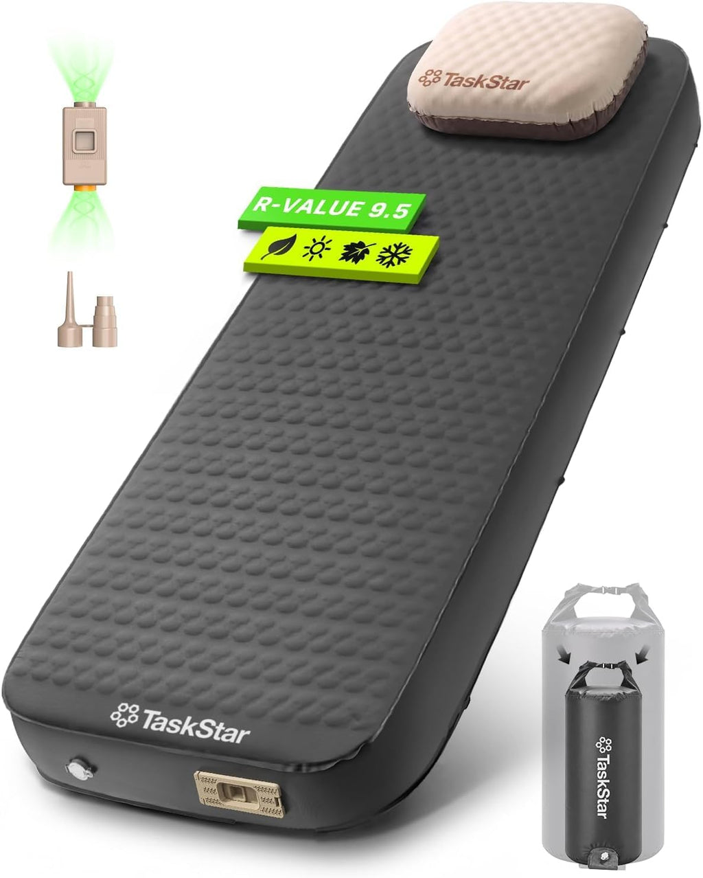 4" Self Inflating Sleeping Pad for Camping with Pillow, Electric Foam & Air Camping Sleeping Pad, 9.5 R-Value, 4