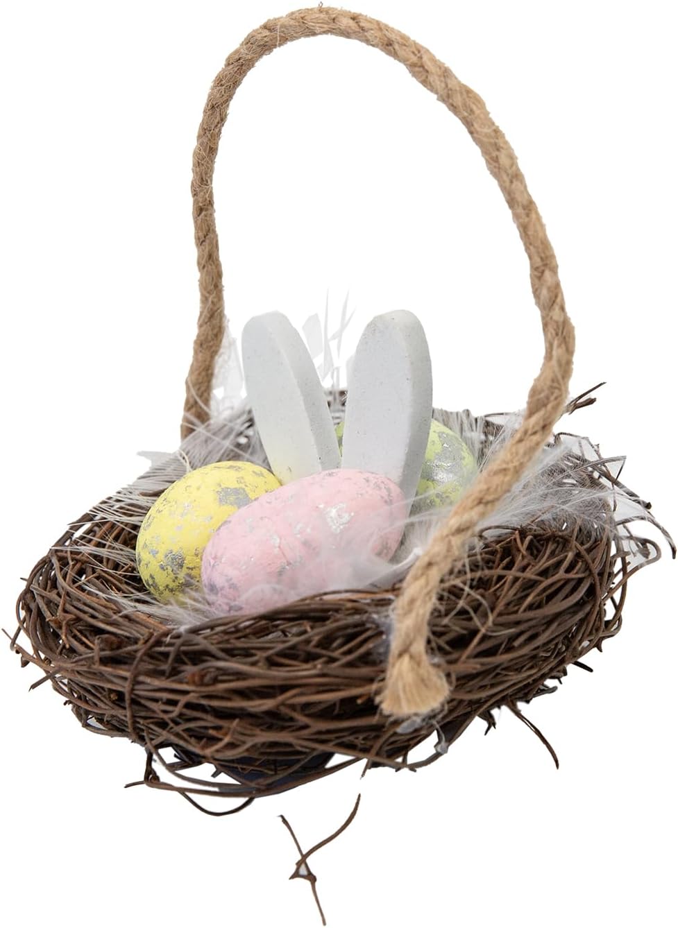 Easter Bunny Basket Decoration with Flowers, Woven Jute Basket with Handle, Spring Decor with Pastel Eggs(3D)