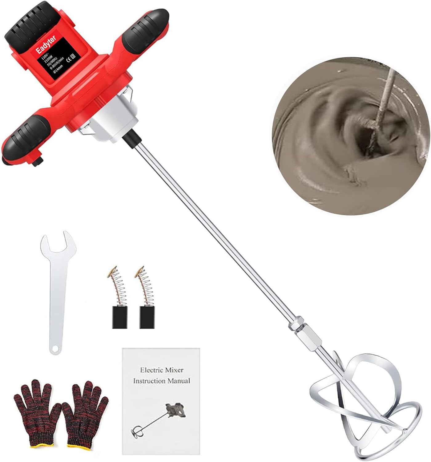 Cement Mixer 2100W, Handheld Electric Concrete Mixer, Portable Mortar Mixer with 6 Adjustable Speed, 110V Mud Mixer