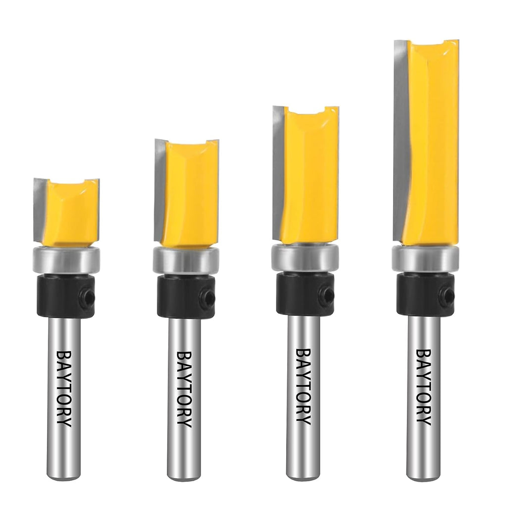 Professional Pattern Flush Trim Router Bit Set with 1/4 inch Shank | 4Pcs 1/2" Cutting Diameter Carbide Bits with Top