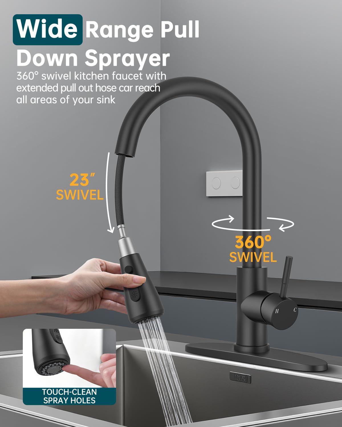 Kitchen Faucet, Pull Down Sprayer, Deck Plate, Matte Black