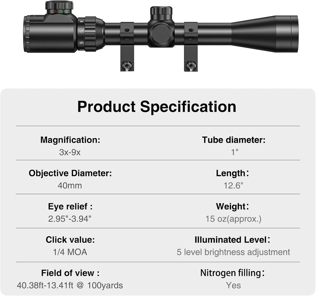 3-9x40 Rifle Scope, Red & Green Illuminated Optical Riflescope, 1 inch Tube Scope for Hunting with Mounts