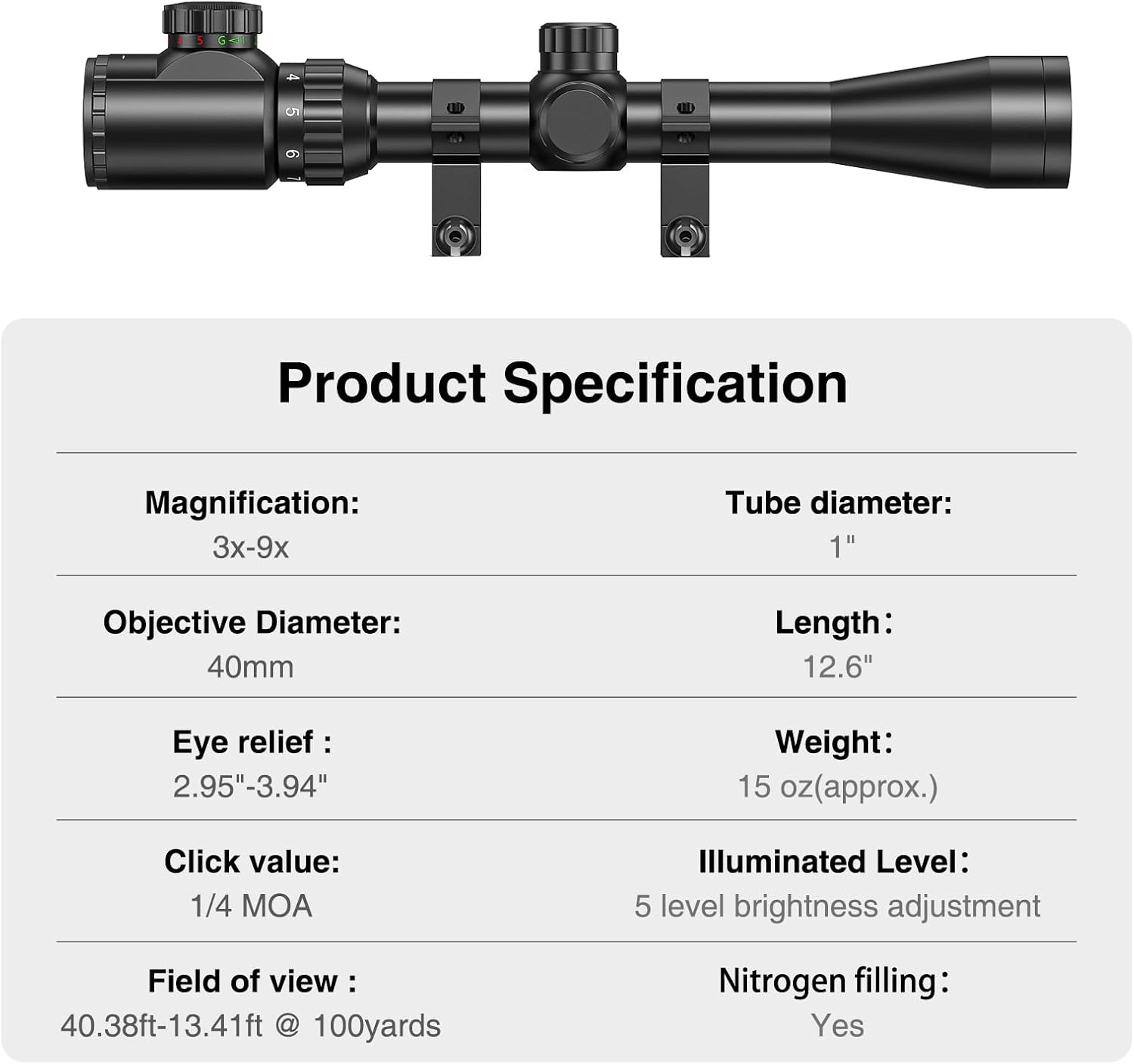 3-9x40 Rifle Scope, Red & Green Illuminated Optical Riflescope, 1 inch Tube Scope for Hunting with Mounts