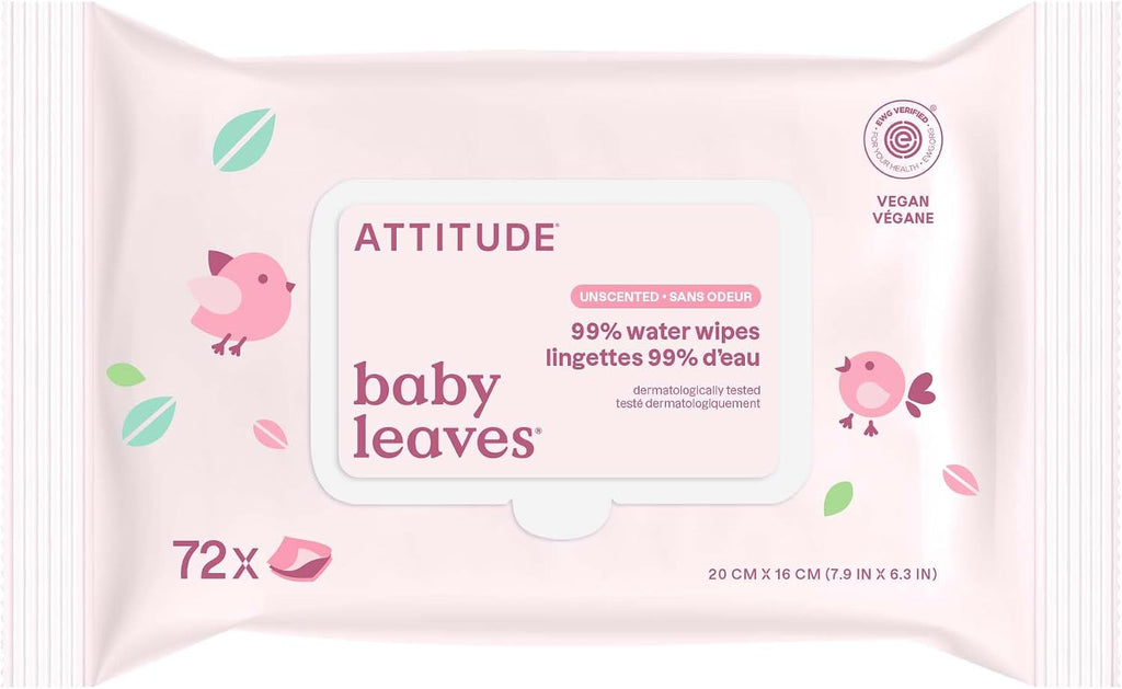 ATTITUDE Baby Water Wipes, EWG Verified, Safe for Newborns, Unscented & Fragrance-Free, 99% Water, Gentle &
