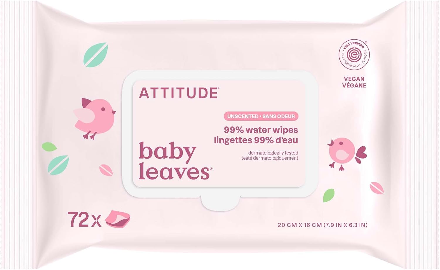 ATTITUDE Baby Water Wipes, EWG Verified, Safe for Newborns, Unscented & Fragrance-Free, 99% Water, Gentle &