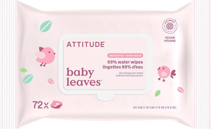 ATTITUDE Baby Water Wipes, EWG Verified, Safe for Newborns, Unscented & Fragrance-Free, 99% Water, Gentle &