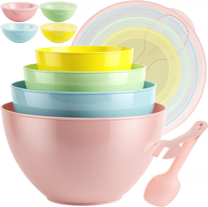 16 Piece Plastic Mixing Bowls with Lids Set - Nesting Bowls Set includes 8 Prep Bowls and 8 Lids, 2-in-1 Spoon-Fork