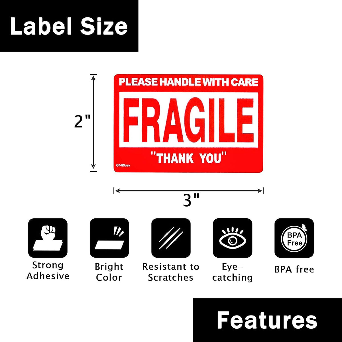 3 x 2 Inch – 100 Fragile Stickers for Shipping & Moving – Easy Tear, Permanent Adhesive, Handle with Care Stickers