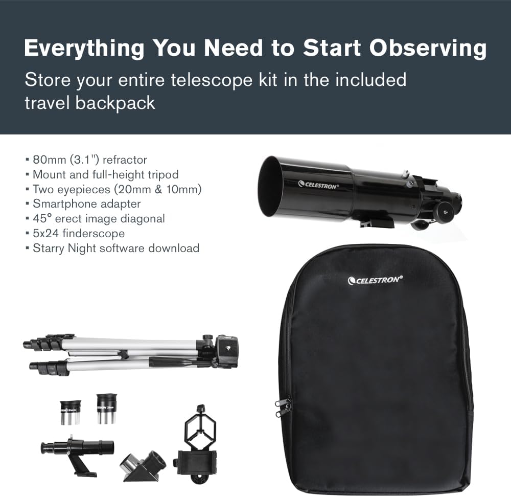 Travel Scope 80mm Telescope Kit with Backpack, Smartphone Adapter | 80mm Refractor Telescope Kit, Large Lens for