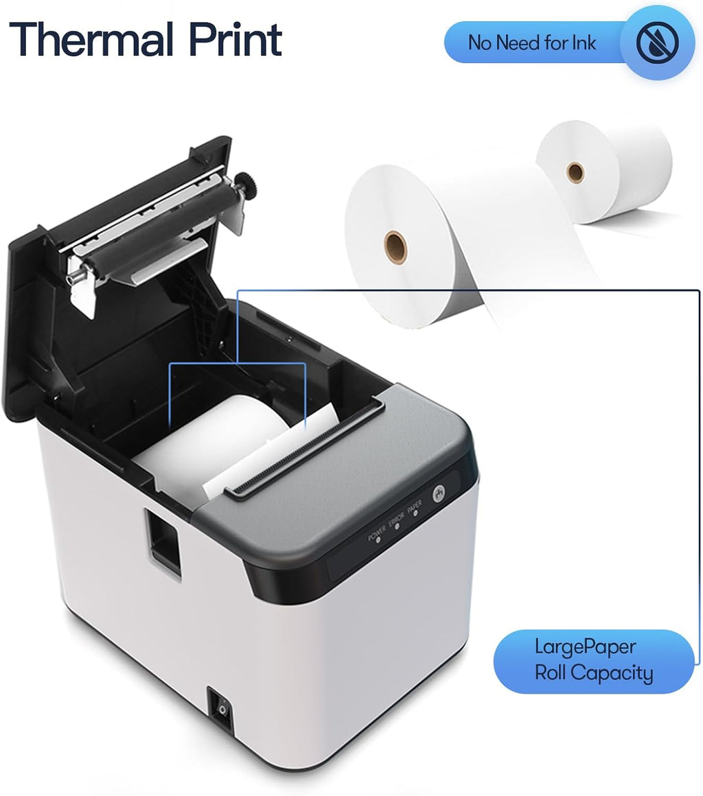80mm Receipt Printer ESC/POS Thermal Printer Desktop Direct Print USB+LAN Connection High Efficiency with Auto Cutter