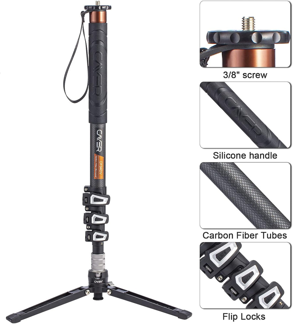 CF34DV Carbon Fiber Monopod, 68" with Folding Feet for Camera | Carbon Fiber Tube, Folding Feet, 4-Section, 68"