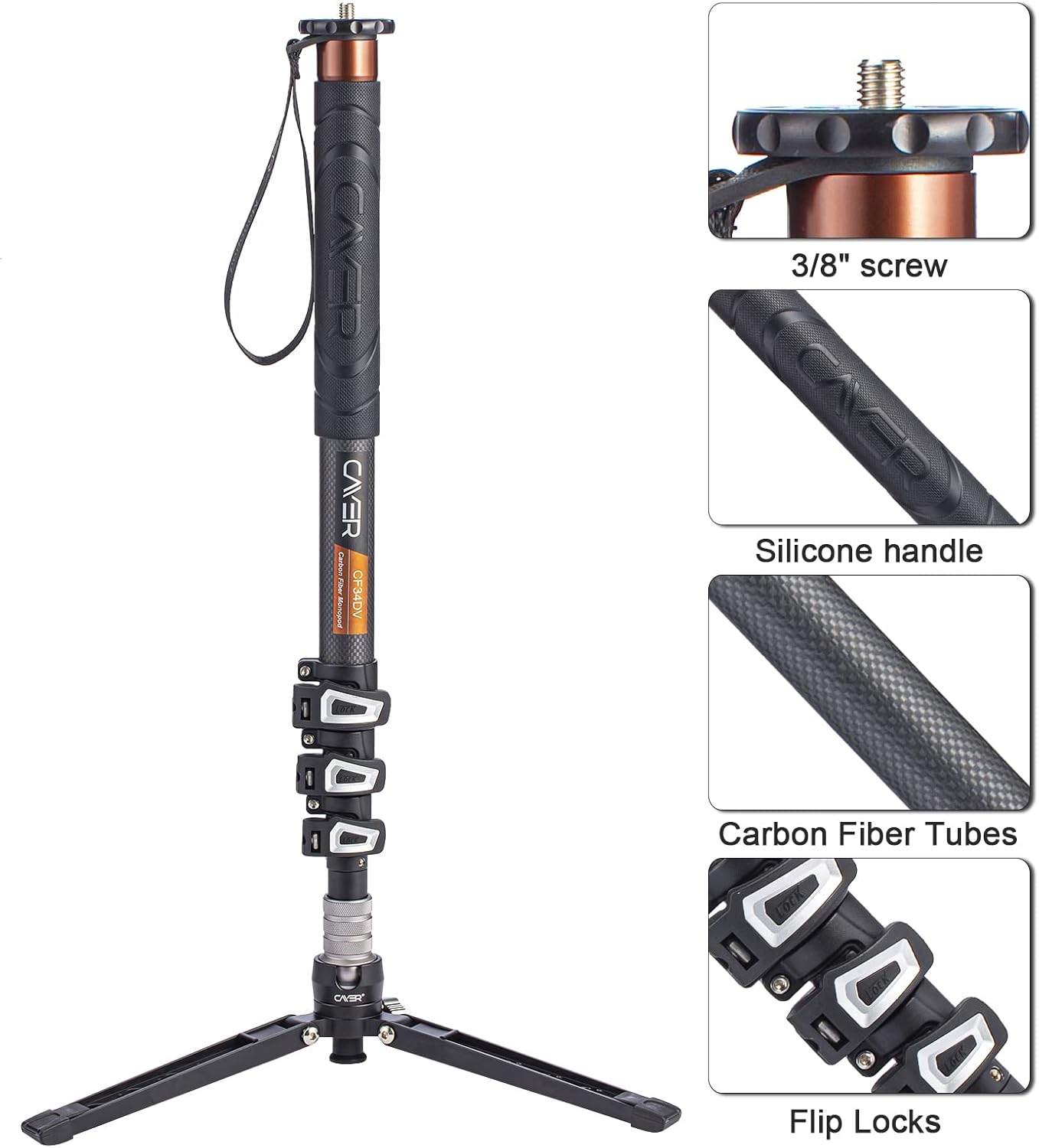 CF34DV Carbon Fiber Monopod, 68" with Folding Feet for Camera | Carbon Fiber Tube, Folding Feet, 4-Section, 68"