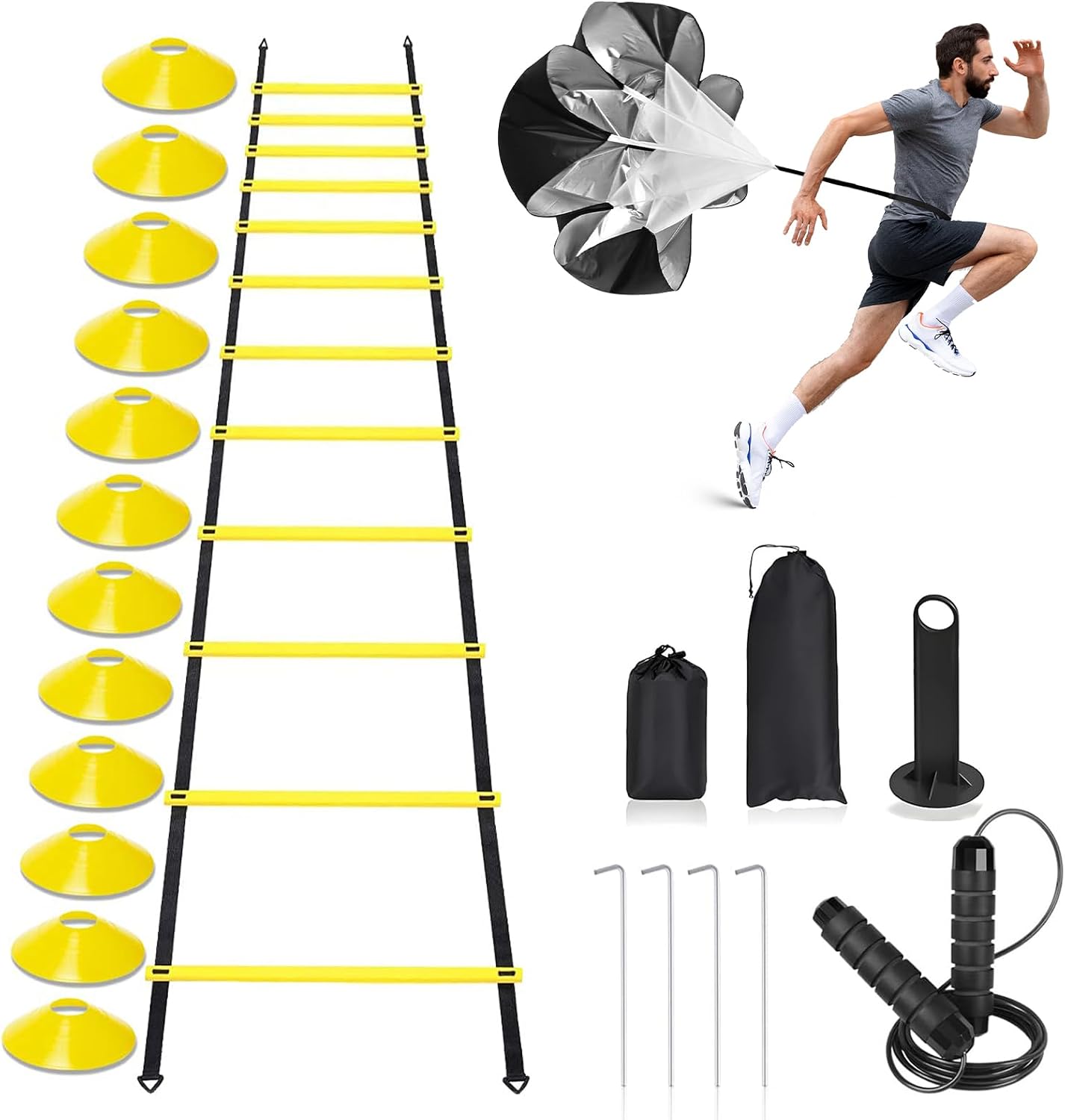 Agility Ladder,Speed Training Equipment Set,20ft Rungs Speed Ladder,Soccer Cones,Jump Rope, Running Resistance