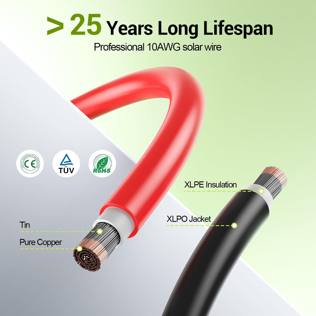 30FT 10AWG Solar Extension Cable, 10 Gauge Solar Panel Wire with Female and Male Connectors for Outdoor RV, Off-Grid
