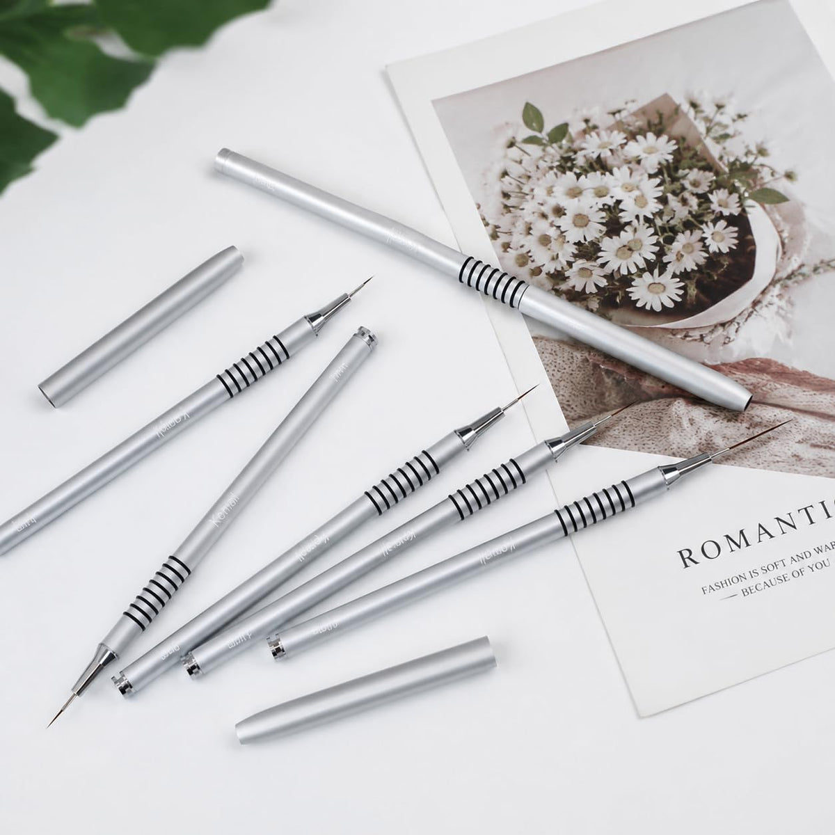 Metallic Nail Art Brushes, 6Pcs Non-slip Liner Brushes Set, Silver