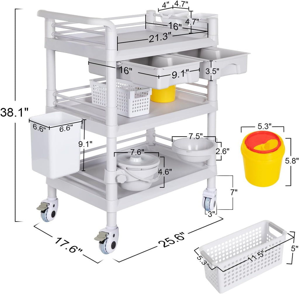 Mobile Medical Cart 3-Tier Professional Utility Cart 330 LBS Max Load | Rolling Crash Cart Ultrasound Trolley, With