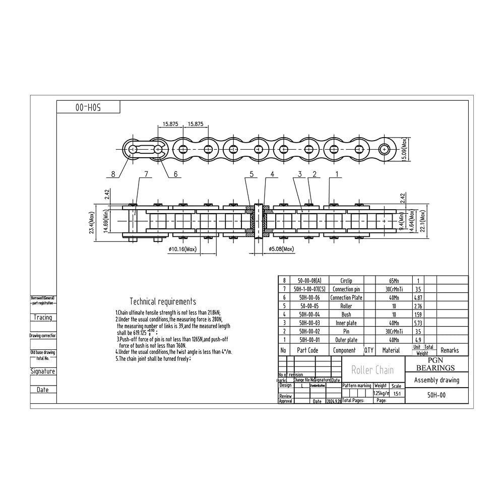 PGN #50 Heavy Duty Roller Chain - 10 Feet + 2 Free Connecting Links - #50H