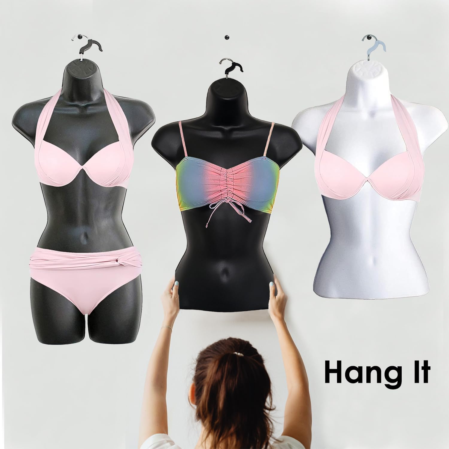 Female Mannequin Hip Long Torso Hollow Back Body Stackable Dress Form with Hanging Hook for Tshirt Display