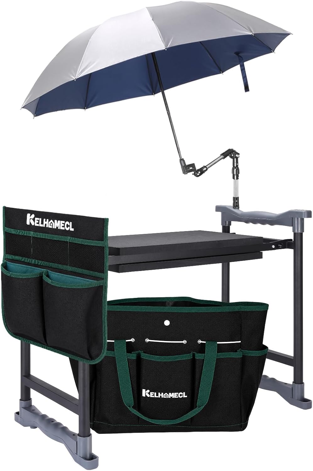 Garden Kneeler and Seat with Umbrella, 2-in-1 Foldable Gardening Stool with Adjustable Bracket, Detachable Tool Bags