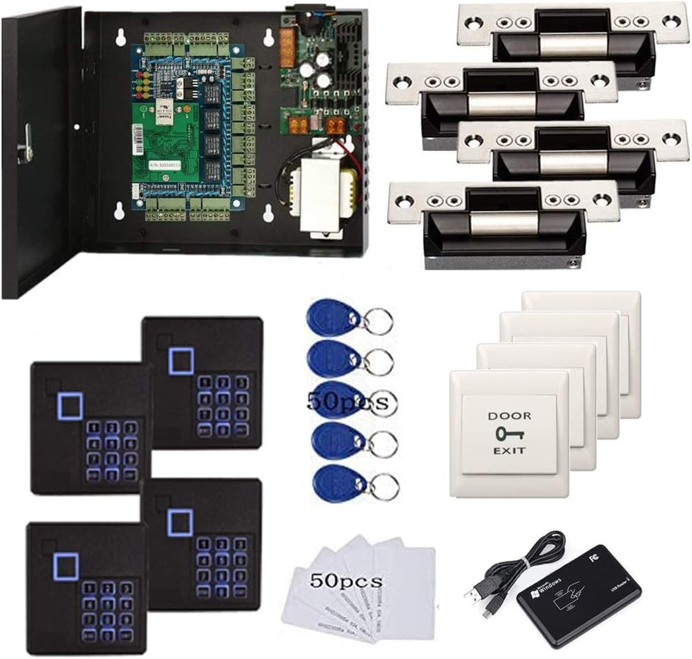 4 Doors Complete TCP/IP PIN Code RFID Card/Fob Access Control Systems with North American Standard Electric Strike