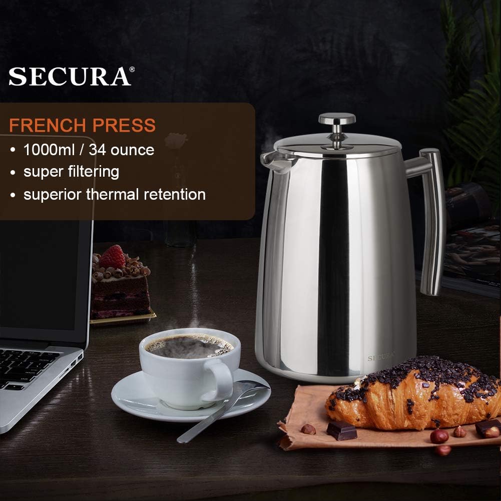 French Press Coffee Maker, 34-Ounce, 304 Stainless Steel Insulated Coffee Press with Extra Screen