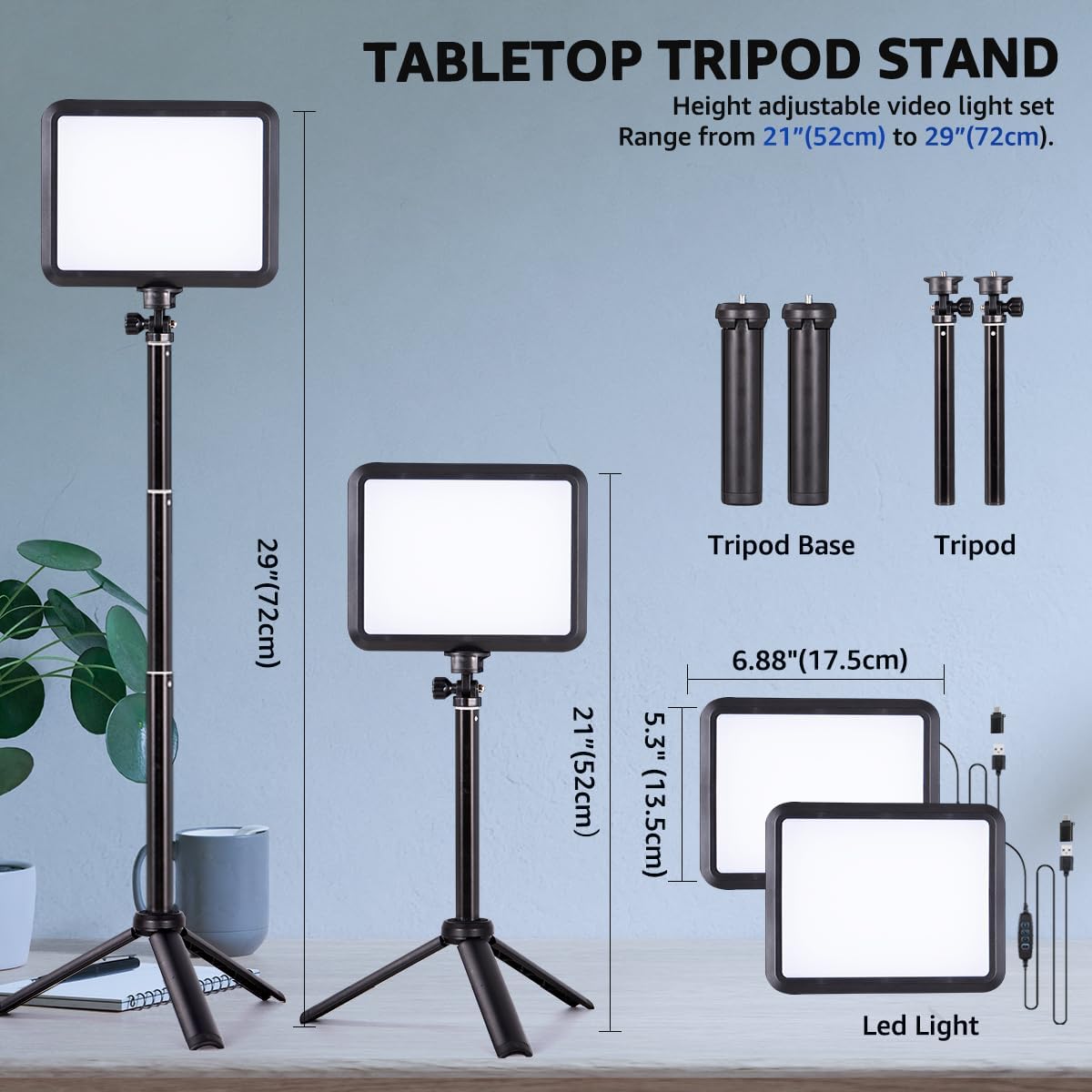 LED Photography Lighting Kit, 2-Pack 8” Portable Video Light with 29" Adjustable Tripod Stand, 2800K-6500K Dimmable