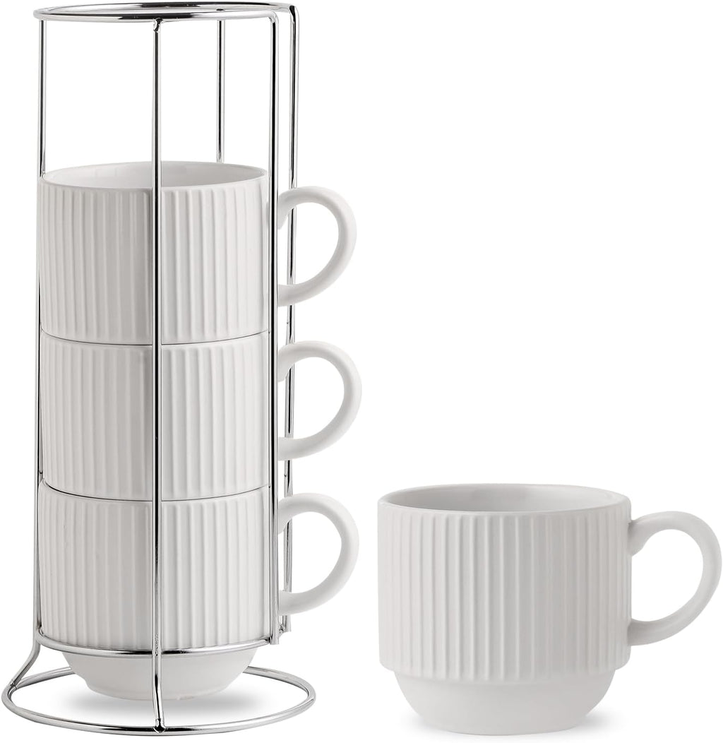 Stackable Coffee Mugs Set of 4 with Stand, Ceramic 15oz Coffee Cups, White