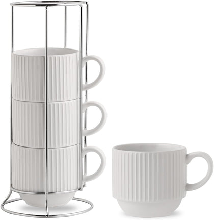Stackable Coffee Mugs Set of 4 with Stand, Ceramic 15oz Coffee Cups, White