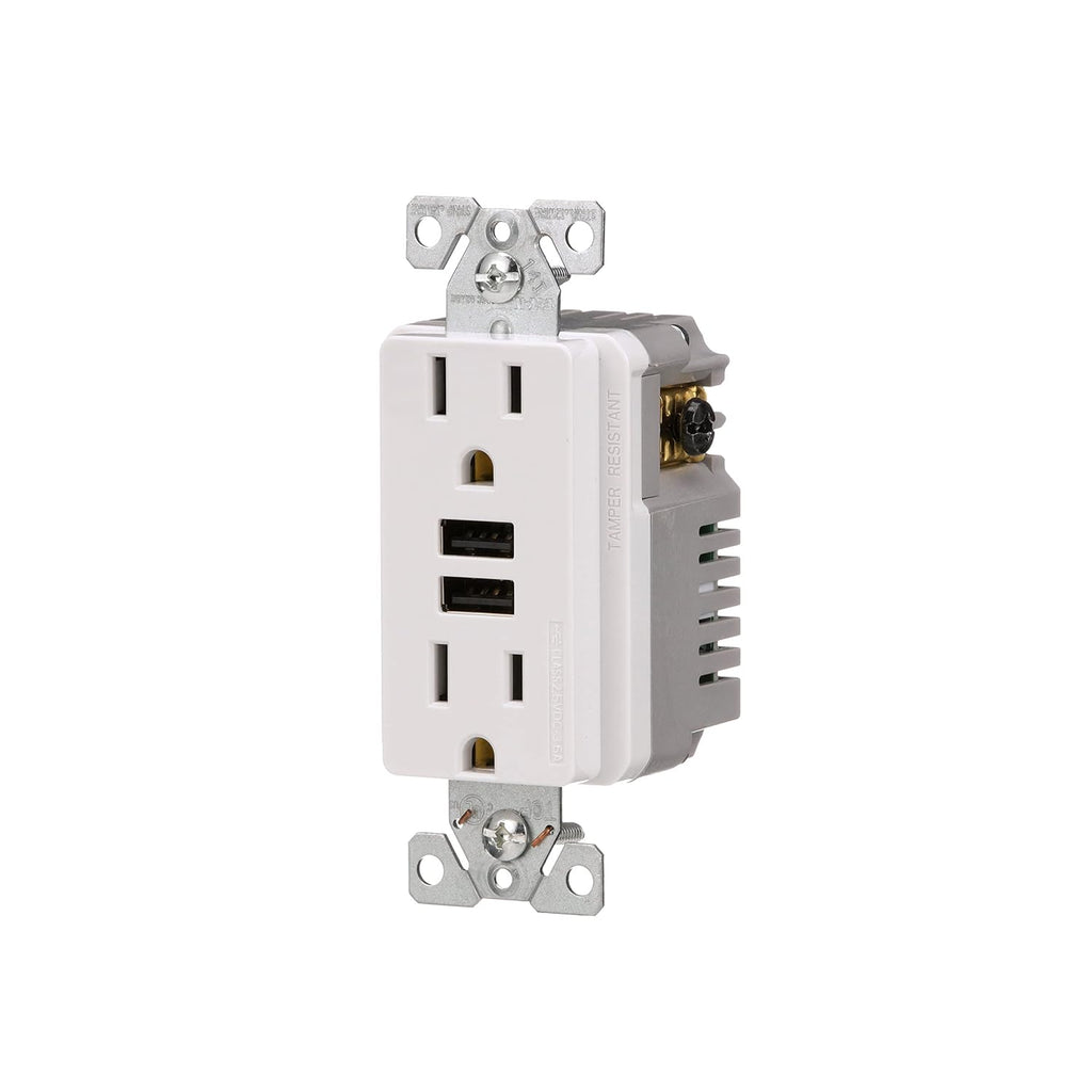 Eaton 3.6A USB Type A Charger with TR Duplex Receptacle 15A/125V Without Wallplate, White