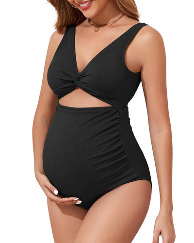 Maternity One Piece Swimsuits for Women - Ribbed Cutout High Waist Maternity Bathing Suits Tie Knot Pregnancy