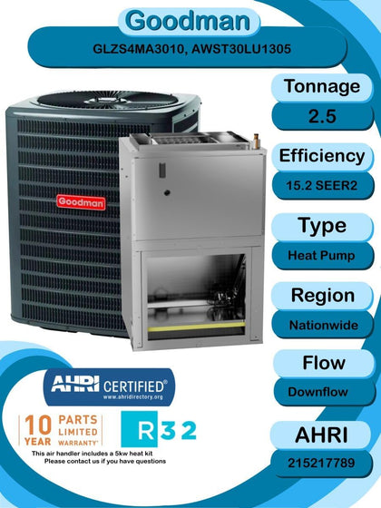 2.5 TON 15.2 SEER2 R-32 Heat Pump System and Front return air handler with 5kW heat kit (GLZS4MA3010 condenser and