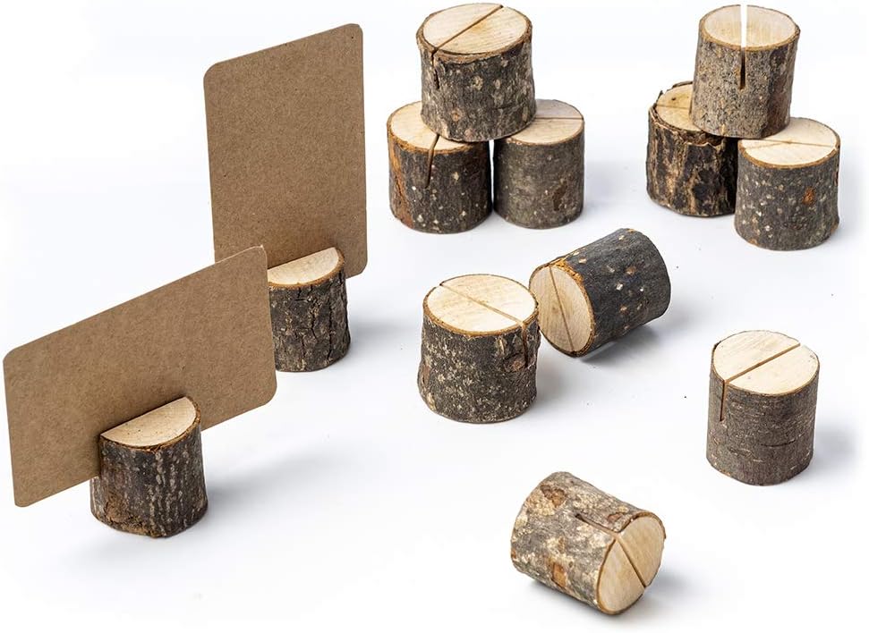 12Pcs Mini Wood Place Card Holders and 24Pcs Kraft Place Cards, Rustic Table Number Holders, Food Labels for Party