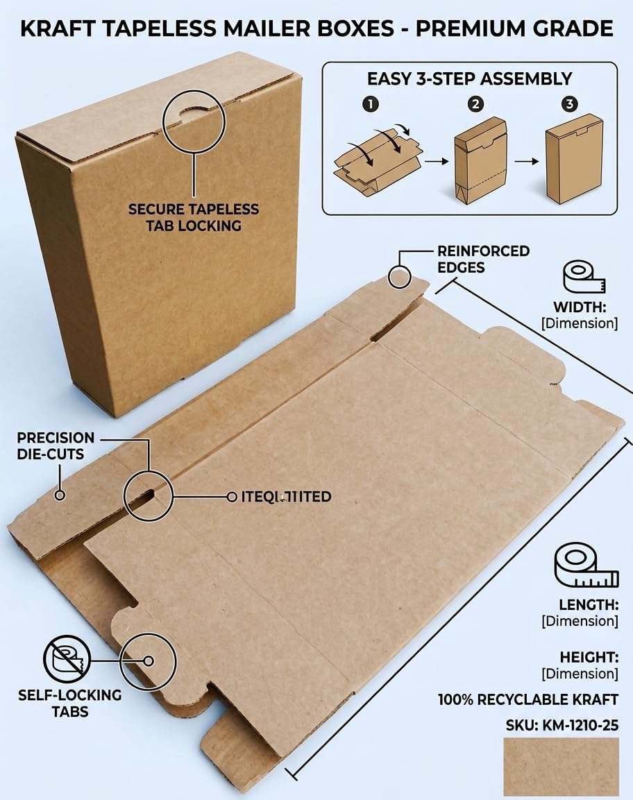 12x10x3 Inches Tapeless Shipping Boxes Pack of 50 - Self-Locking Small Corrugated Cardboard Mailer Boxes for Business
