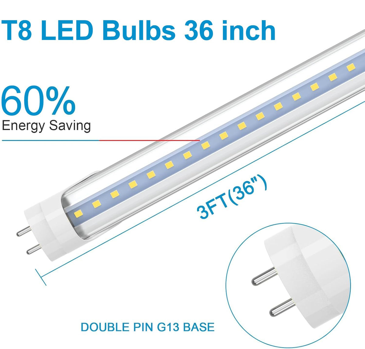 3FT LED Tube Light, Type A+B, 5000K Daylight, 12 Pack