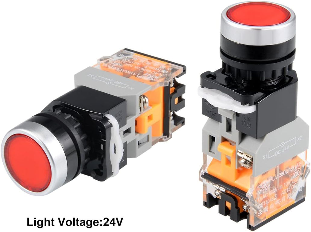 uxcell 22mm Momentary Push Button Switch Red LED Light Round Button DPST 1 NO 1 NC Light 24V