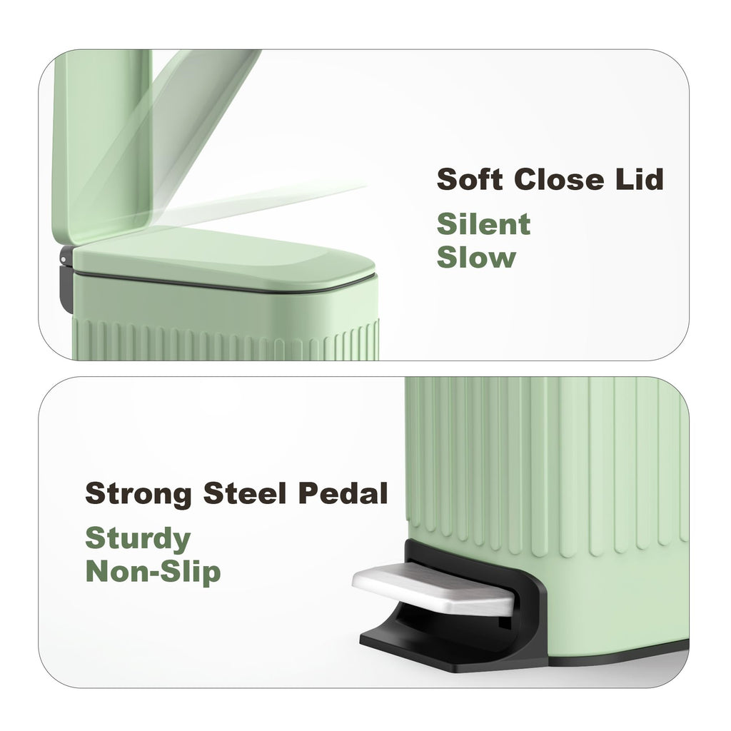 Slim Bathroom Trash Can with Lid Soft Close & Pedal, 1.6Gal, Green