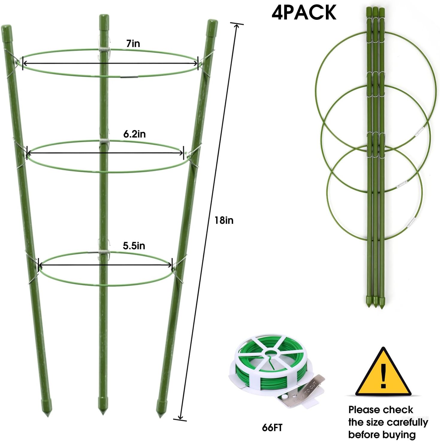 4 Pack Plant Support Tomato Cages for Garden, 18 Inches Small Tomato Cages and Supports with Adjustable Rings for